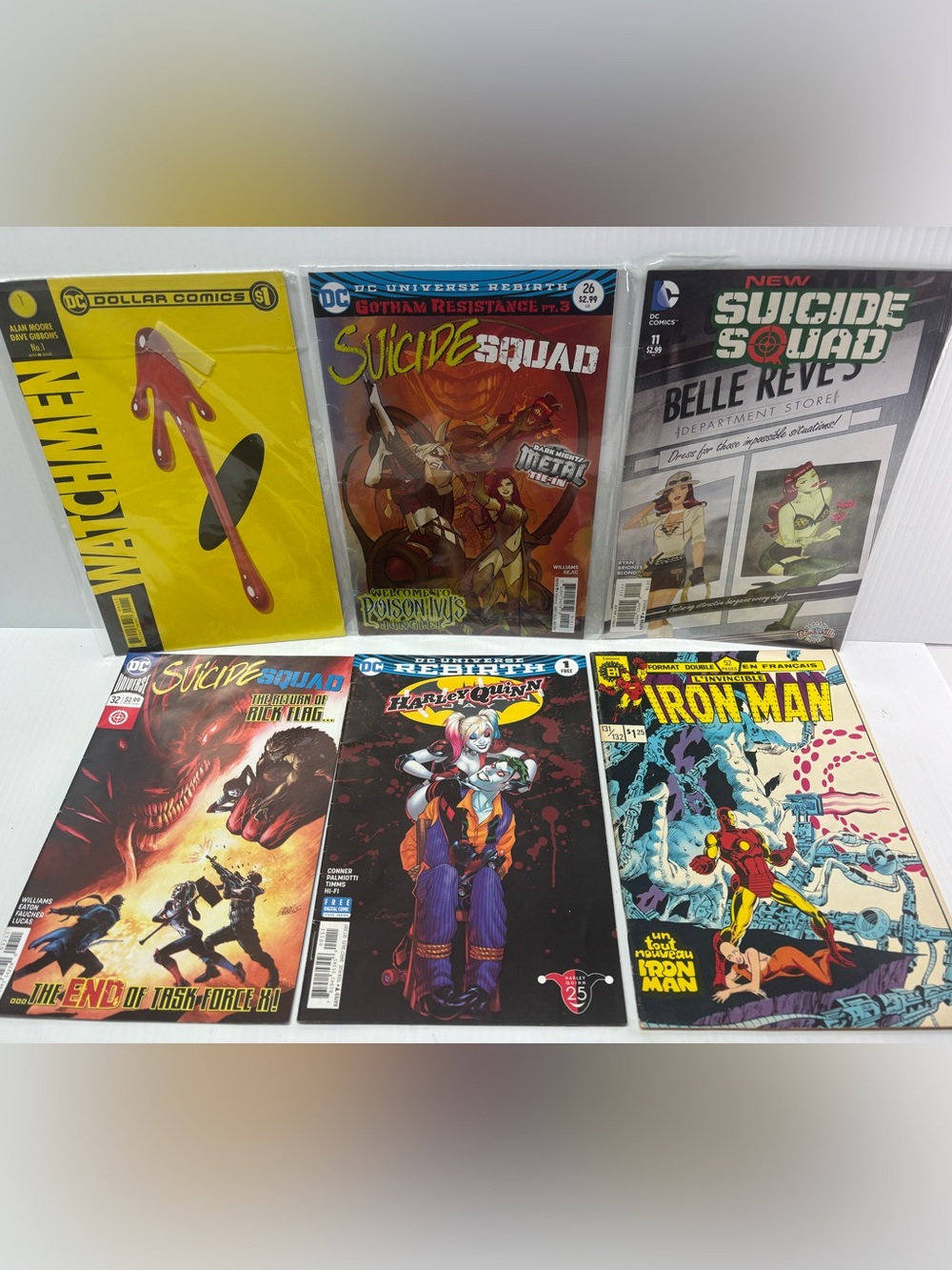 Harley Quinn Iron Man Watchmen Suicide Squad DC Marvel Comic Book Lot Of 6